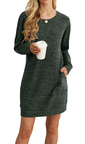 PrinStory Kleid Langarm Damen Winterkleid Lässig Rundhals Pulloverkleid Leicht Freizeitkleid Mit Taschen Strickkleid Longpullover (Armeegrün, L) von PrinStory