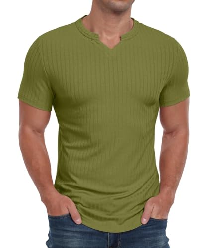 PrinStory Kurzarm T-Shirts Herren V Hals Poloshirt Lässig Männer Sommer Tops Komfortabel Atmungsaktiv Oberteile (Armeegrün,M) von PrinStory