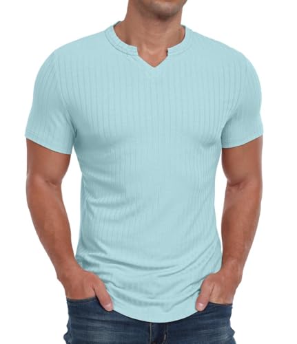 PrinStory Kurzarm T-Shirts Herren V Hals Poloshirt Lässig Männer Sommer Tops Komfortabel Atmungsaktiv Oberteile (Himmelblau,S) von PrinStory