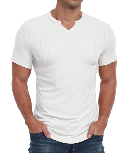 PrinStory Kurzarm T-Shirts Herren V Hals Poloshirt Lässig Männer Sommer Tops Komfortabel Atmungsaktiv Oberteile (Weiß,XXL) von PrinStory