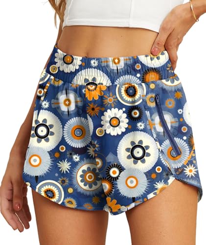 PrinStory Kurze Sporthose Damen High Waist Sport Short Blickdicht Laufshorts Schnell Trocknend Mit Innenslip Für Fitness Training (Blauer Kreis Blume,XL) von PrinStory