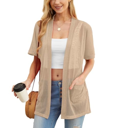 PrinStory Leichte Strickjacke Damen Sommer Kurzarm Strickjacke Lässig Strickjacke Für Damen Atmungsaktiv Und Sonnenschutz Frühling Herbst Cardigan Damen (Khaki, M) von PrinStory