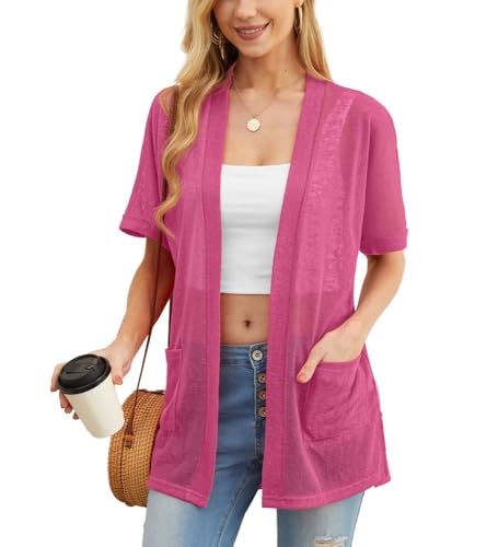 PrinStory Leichte Strickjacke Damen Sommer Kurzarm Strickjacke Lässig Strickjacke Für Damen Atmungsaktiv Und Sonnenschutz Frühling Herbst Cardigan Damen (Rosarot, XXL) von PrinStory