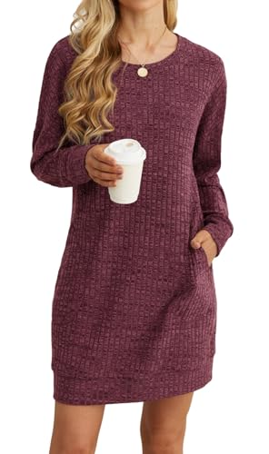 PrinStory Long Pullover Damen Langärmelig Sweatshirtkleid Beiläufige Komfortabel Gestrickte Pullover Oberteile Basic Pulloverkleid Mit Seitentaschen (Weinrot, S) von PrinStory