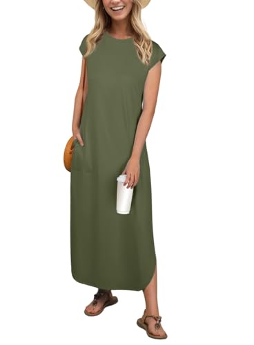 PrinStory Maxikleid Für Damen Ärmelloses Sommerkleid Mit Taschen Elegante Strandkleid Mit Schlitz Rundhals Freizeitkleider (Armeegrün,XXL) von PrinStory