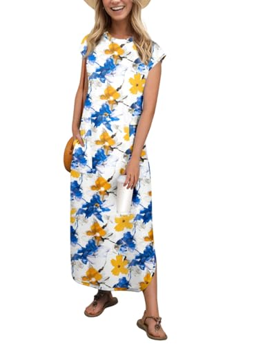 PrinStory Maxikleid Für Damen Ärmelloses Sommerkleid Mit Taschen Elegante Strandkleid Mit Schlitz Rundhals Freizeitkleider (Blau Gelbe Blume,M) von PrinStory