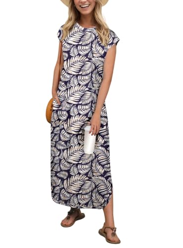 PrinStory Maxikleid Für Damen Ärmelloses Sommerkleid Mit Taschen Elegante Strandkleid Mit Schlitz Rundhals Freizeitkleider (Dunkelblaues Palmblatt,XL) von PrinStory