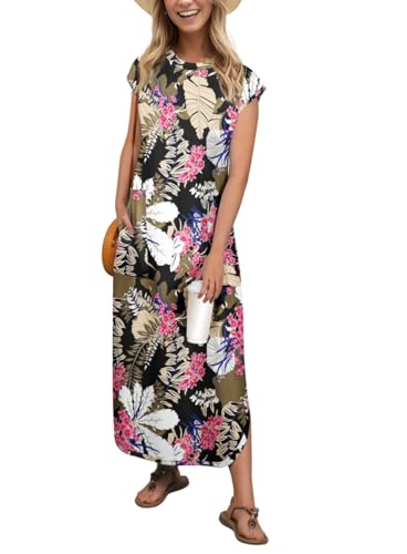 PrinStory Maxikleid Für Damen Ärmelloses Sommerkleid Mit Taschen Elegante Strandkleid Mit Schlitz Rundhals Freizeitkleider (Großes Blatt Rosa,L) von PrinStory