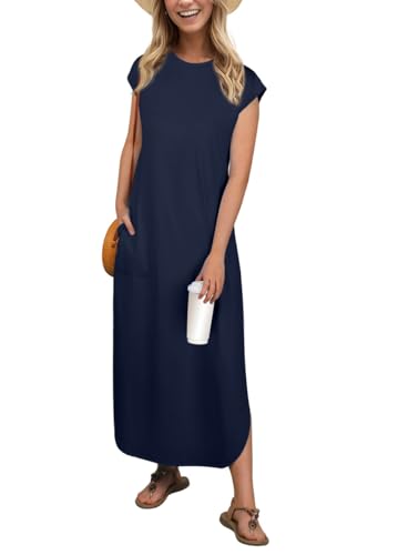 PrinStory Maxikleid Für Damen Ärmelloses Sommerkleid Mit Taschen Elegante Strandkleid Mit Schlitz Rundhals Freizeitkleider (Marineblau,M) von PrinStory