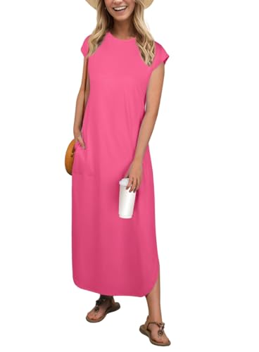 PrinStory Maxikleid Für Damen Ärmelloses Sommerkleid Mit Taschen Elegante Strandkleid Mit Schlitz Rundhals Freizeitkleider (Rosa,S) von PrinStory
