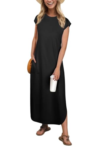 PrinStory Maxikleid Für Damen Ärmelloses Sommerkleid Mit Taschen Elegante Strandkleid Mit Schlitz Rundhals Freizeitkleider (Schwarz,M) von PrinStory