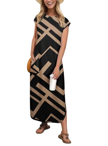 PrinStory Maxikleid Für Damen Ärmelloses Sommerkleid Mit Taschen Elegante Strandkleid Mit Schlitz Rundhals Freizeitkleider (Schwarzes Rechteck,S) von PrinStory