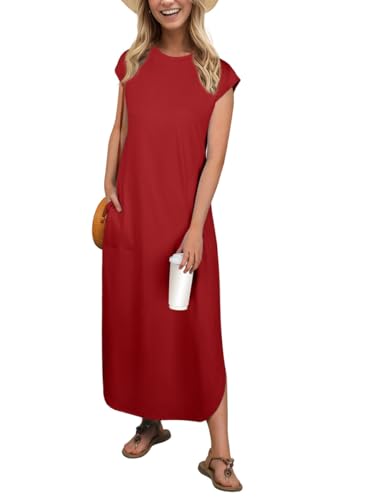 PrinStory Maxikleid Für Damen Ärmelloses Sommerkleid Mit Taschen Elegante Strandkleid Mit Schlitz Rundhals Freizeitkleider (Weinrot,XL) von PrinStory