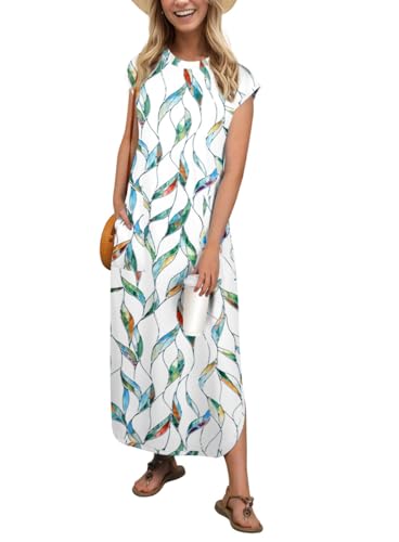 PrinStory Maxikleid Für Damen Ärmelloses Sommerkleid Mit Taschen Elegante Strandkleid Mit Schlitz Rundhals Freizeitkleider (Weißes Blatt,L) von PrinStory