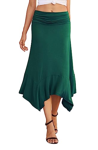 PrinStory Midi Rock Damen Sommer Casual Röcke Frauen Gummi Breiten Gerafften Bund Soft Fit Flowy Taschentuch Saum Rock (Dunkelgrün, L) von PrinStory