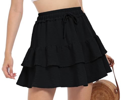 PrinStory Minirock Damen Hochtaillierter Rüsche Rock Sommer Freizeit A-Linie Minirock Cupcake Rock Mit Kordelzug (Schwarz, XS) von PrinStory