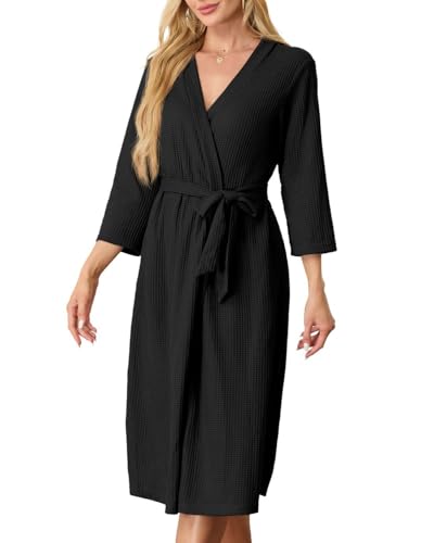PrinStory Morgenmantel Damen Leicht Waffel Bademantel Damen 3/4 Ärmeln V-Ausschnitt Kimono Roben Langes Nachtwäsche (Schwarz, L) von PrinStory