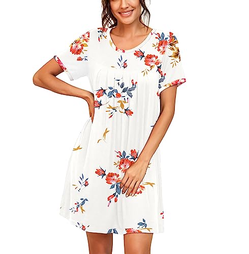 PrinStory Nachthemden Für Damen Kurzarm Schlafshirt Sommer Rundhalsausschnitt Sleepshirt Kurz Nachtwäsche Nachtkleid (Rosenweiß, M) von PrinStory