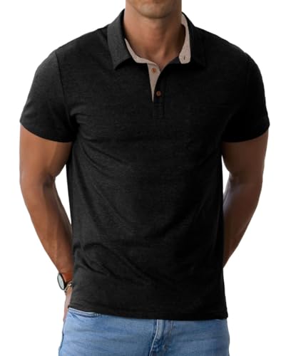 PrinStory Poloshirts Herren Kurzarm Männer Golf Polo Shirts Mit Tasche Baumwolle T Shirt Sommer Freizeit T-Shirt Mit Tasche (Schwarz, XXL) von PrinStory