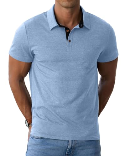 PrinStory Poloshirts Herren Kurzarm Männer Golf Polo Shirts Mit Tasche Baumwolle T Shirt Sommer Freizeit T-Shirt Mit Tasche (Vg Hellblau, XXL) von PrinStory