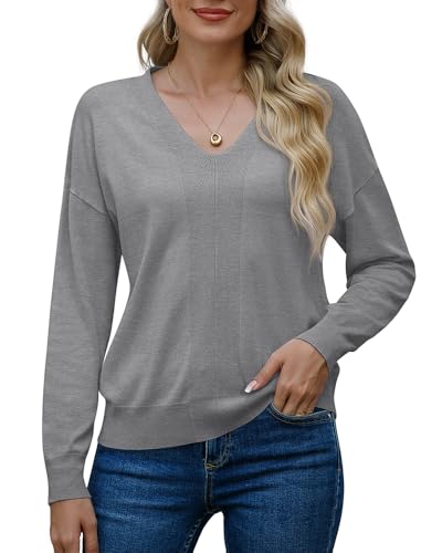 PrinStory Pullover Damen Langen Ärmeln Sweatshirts V-Ausschnitt Weiche Einfarbige Oberteile Lässige Winterpullover (Hellgrau, L) von PrinStory