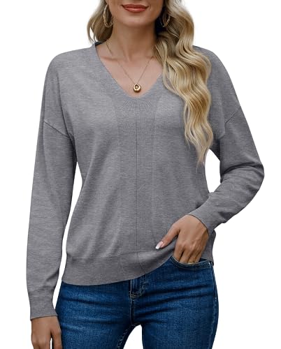 PrinStory Pullover Damen Langen Ärmeln Sweatshirts V-Ausschnitt Weiche Einfarbige Oberteile Lässige Winterpullover (Hellgrau, XXL) von PrinStory