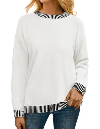 PrinStory Pullover Damen Strickpullover Langarm Rundhals Elegant Lässig Sweatshirt Warm Damen Winter Pullis Strickwaren (Beige Weiß, XXL) von PrinStory