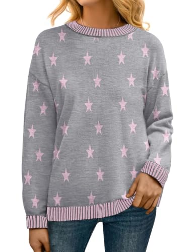 PrinStory Pullover Damen Strickpullover Langarm Rundhals Elegant Lässig Sweatshirt Warm Damen Winter Pullis Strickwaren (Grauer Rosa Stern, L) von PrinStory