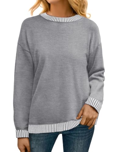 PrinStory Pullover Damen Strickpullover Langarm Rundhals Elegant Lässig Sweatshirt Warm Damen Winter Pullis Strickwaren (Helles Grau, M) von PrinStory