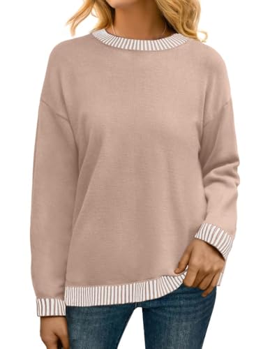 PrinStory Pullover Damen Strickpullover Langarm Rundhals Elegant Lässig Sweatshirt Warm Damen Winter Pullis Strickwaren (Helles Kamel, M) von PrinStory