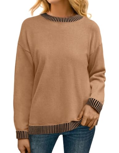 PrinStory Pullover Damen Strickpullover Langarm Rundhals Elegant Lässig Sweatshirt Warm Damen Winter Pullis Strickwaren (Khaki, XXL) von PrinStory
