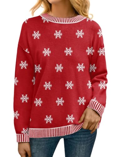 PrinStory Pullover Damen Strickpullover Langarm Rundhals Elegant Lässig Sweatshirt Warm Damen Winter Pullis Strickwaren (Rot Weiß Schneeflocke, XXL) von PrinStory