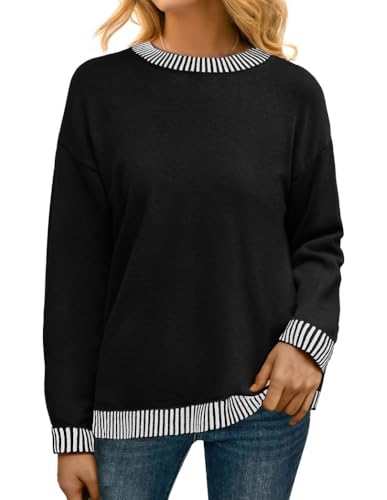 PrinStory Pullover Damen Strickpullover Langarm Rundhals Elegant Lässig Sweatshirt Warm Damen Winter Pullis Strickwaren (Schwarz, XL) von PrinStory