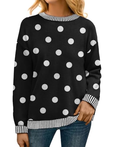 PrinStory Pullover Damen Strickpullover Langarm Rundhals Elegant Lässig Sweatshirt Warm Damen Winter Pullis Strickwaren (Schwarz Weiß Punkt, S) von PrinStory