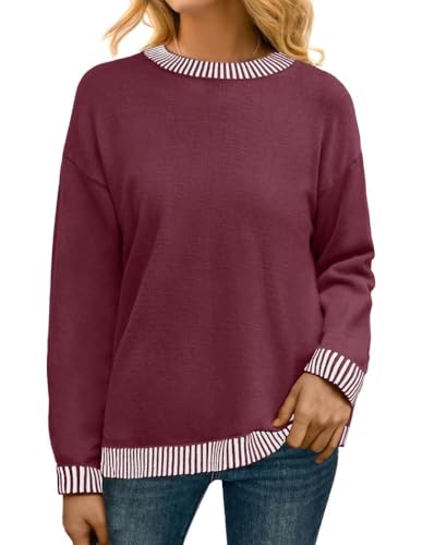 PrinStory Pullover Damen Strickpullover Langarm Rundhals Elegant Lässig Sweatshirt Warm Damen Winter Pullis Strickwaren (Weinrot, XL) von PrinStory