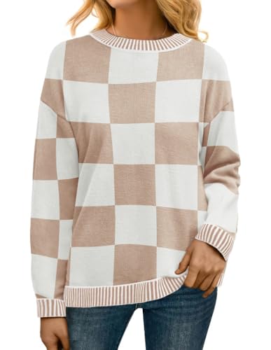 PrinStory Pullover Damen Strickpullover Langarm Rundhals Elegant Lässig Sweatshirt Warm Damen Winter Pullis Strickwaren (Weiß Kamelkaro, XL) von PrinStory