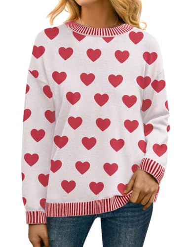 PrinStory Pullover Damen Strickpullover Langarm Rundhals Elegant Lässig Sweatshirt Warm Damen Winter Pullis Strickwaren (Weiß Rotes Herz, L) von PrinStory