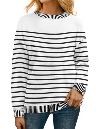 PrinStory Pullover Damen Strickpullover Langarm Rundhals Elegant Lässig Sweatshirt Warm Damen Winter Pullis Strickwaren (Weiß Schwarz Streifen, XL) von PrinStory