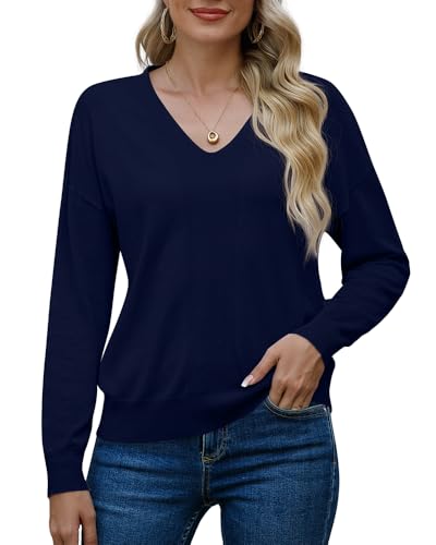 PrinStory Pullover Für Damen V-Ausschnitt Sweatshirt Damen Strick Langarm Sweatshirt Strickwaren Für Weihnachten Winter Herbst Frühling (Marineblau, S) von PrinStory