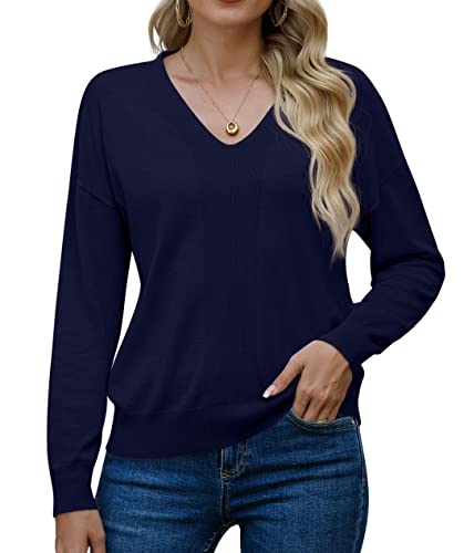 PrinStory Pullover Für Damen V-Ausschnitt Sweatshirt Damen Strick Langarm Sweatshirt Strickwaren Für Weihnachten Winter Herbst Frühling (Marineblau, XXL) von PrinStory