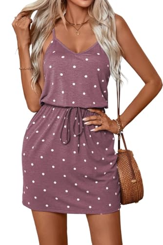 PrinStory Pulloverkleid Damen Leichter Tanktop Sommerkleid Damen Atmungsaktiv Gestrickt Normale Passform Strickkleid (Burgundische Tupfen, S) von PrinStory