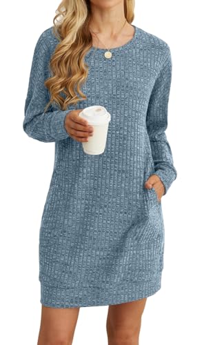 PrinStory Pulloverkleid Damen Winter Langärmelig Winterkleid Lässig Rundhalsausschnitt Hautfreundlich Sweatkleid Leicht Freizeitkleid Mit Seitentaschen (Hellblau, XL) von PrinStory