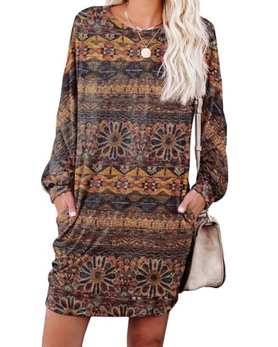 PrinStory Pulloverkleid Damen Winter Langärmelig Winterkleider Beiläufige Gestrickte Komfortabel Sweatkleid Tunika Leicht Komfortabel Freizeitkleid Mit Taschen (Runde Blumenbraue, S) von PrinStory