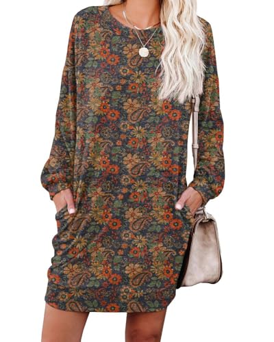 PrinStory Pulloverkleid Damen Winter Langärmelig Winterkleider Beiläufige Komfortabel Sweatkleid Tunika Leicht Komfortabel Freizeitkleid Mit Taschen (Cashew Marine, L) von PrinStory