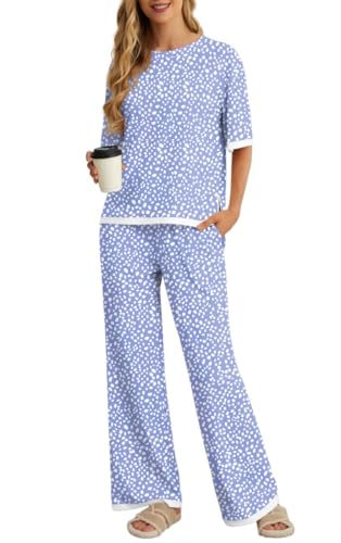 PrinStory Pyjama Damen Kurzarm Rundhals Schlafanzug Sommer Farbblock Nachtwäsche Mit Seitenschlitz Oberteil Und Hose (FP-Punkt Blau, L) von PrinStory