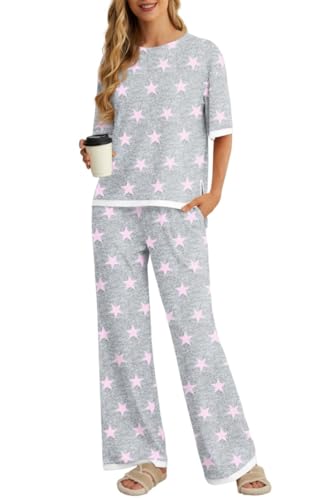 PrinStory Pyjama Damen Kurzarm Rundhals Schlafanzug Sommer Farbblock Nachtwäsche Mit Seitenschlitz Oberteil Und Hose (FP-Rosa Stern, M) von PrinStory