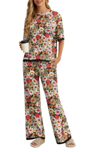 PrinStory Pyjama Damen Kurzarm Rundhals Schlafanzug Sommer Farbblock Nachtwäsche Mit Seitenschlitz Oberteil Und Hose (FP-Schwarz Gänseblümchen, 2XL) von PrinStory