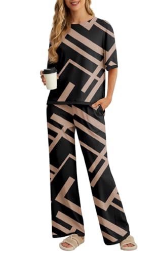 PrinStory Pyjama Damen Kurzarm Rundhals Schlafanzug Sommer Farbblock Nachtwäsche Mit Seitenschlitz Oberteil Und Hose (FP-Schwarz Rechteck, M) von PrinStory