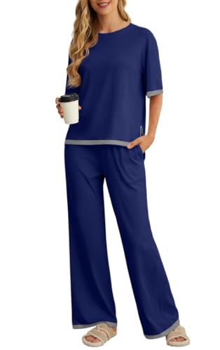 PrinStory Pyjama Damen Kurzarm Rundhals Schlafanzug Sommer Farbblock Nachtwäsche Mit Seitenschlitz Oberteil Und Hose (Marineblau, XL) von PrinStory
