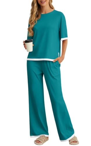 PrinStory Pyjama Damen Kurzarm Rundhals Schlafanzug Sommer Farbblock Nachtwäsche Mit Seitenschlitz Oberteil Und Hose (Smaragdblau, S) von PrinStory